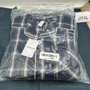 Vulcanodon Mens Cotton Pajama Top Button Down Medium, Dark Blue Plaid